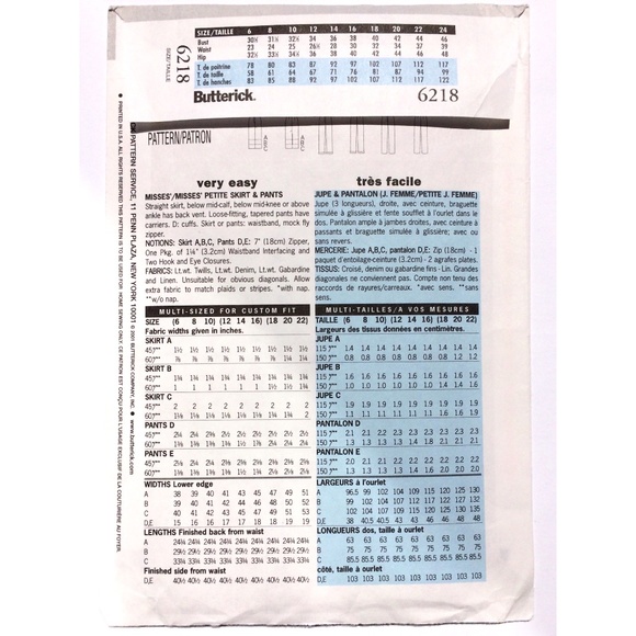 🦋 Sewing Pattern Butterick 6218 Fast & Easy Classics Misses Petite Skirt Pants - Picture 3 of 3
